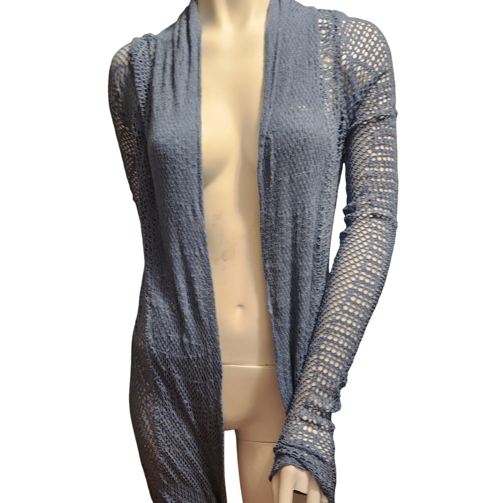 Bella Amore Italy Blue Open Knit Mesh Lace Back Long Sleeve Cardigan Duster
